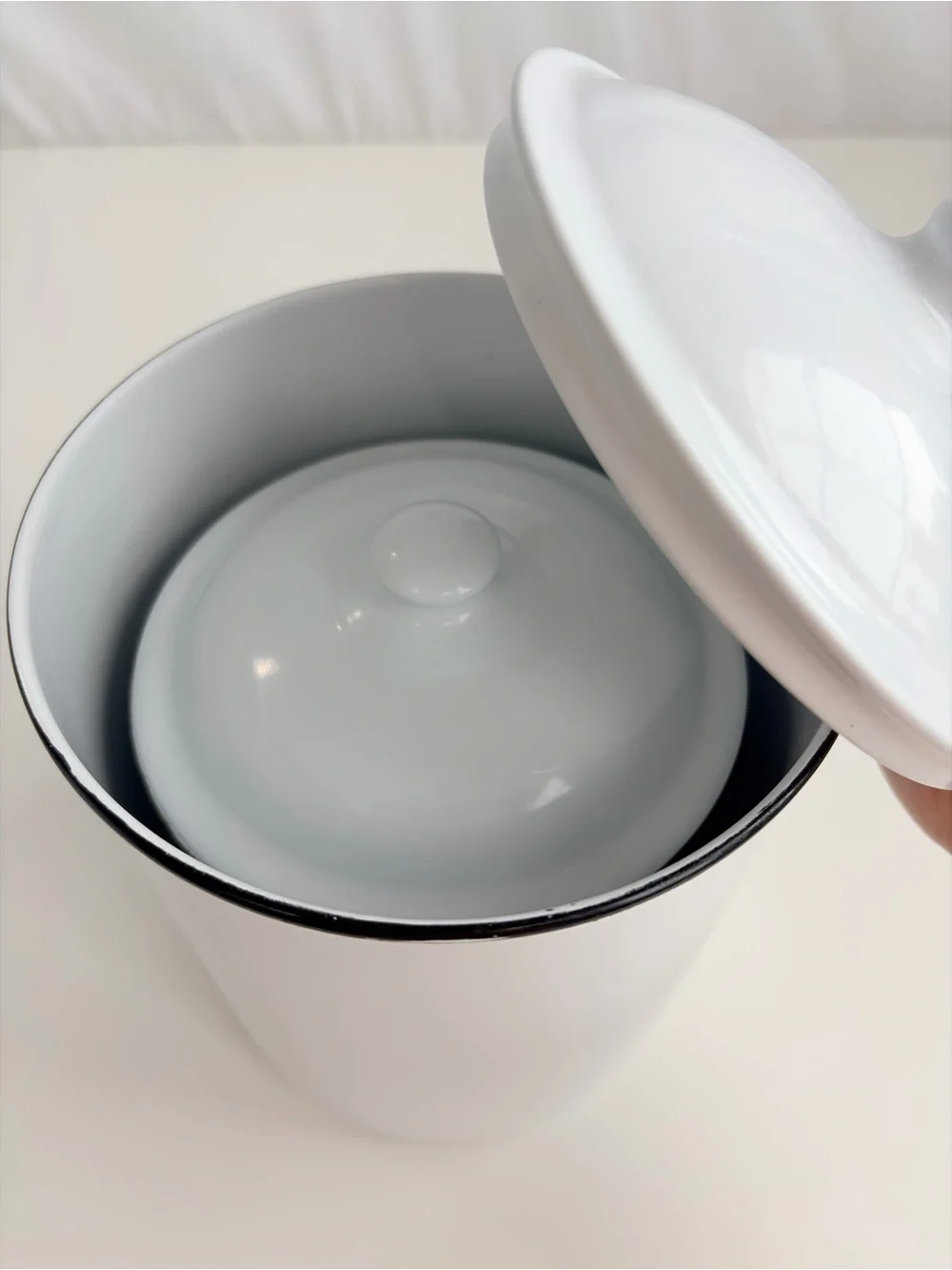 2 Piece Canister Set Vintage Inspired White & Enamel Black Rim Round Tin Storage